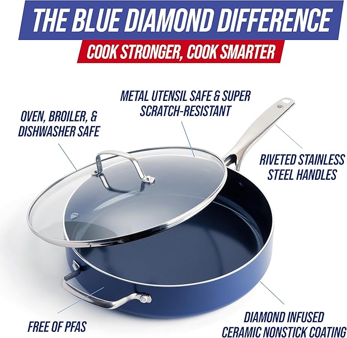 Blue Diamond 5QT Saute Pan with Lid, Non Toxic PFAS-Free Diamond Ceramic Nonstick, Dishwasher & Oven Safe, Metal Utensil Safe, Deep Jumbo Cooker Skillet with Helper Handle, Glass Lid, Blue