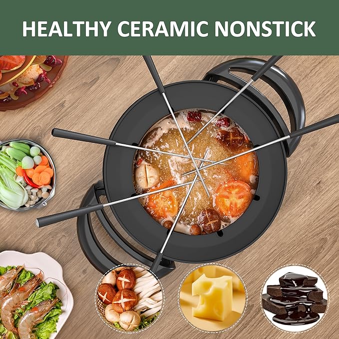 Electric Fondue Pot Set, 3 Quart Fondue Set for Melting Chocolate Cheese with 8 Color-Coded Forks, Adjustable Temp Control, 1000W Non-Stick Fondue Maker for Dessert, Broth and Oil