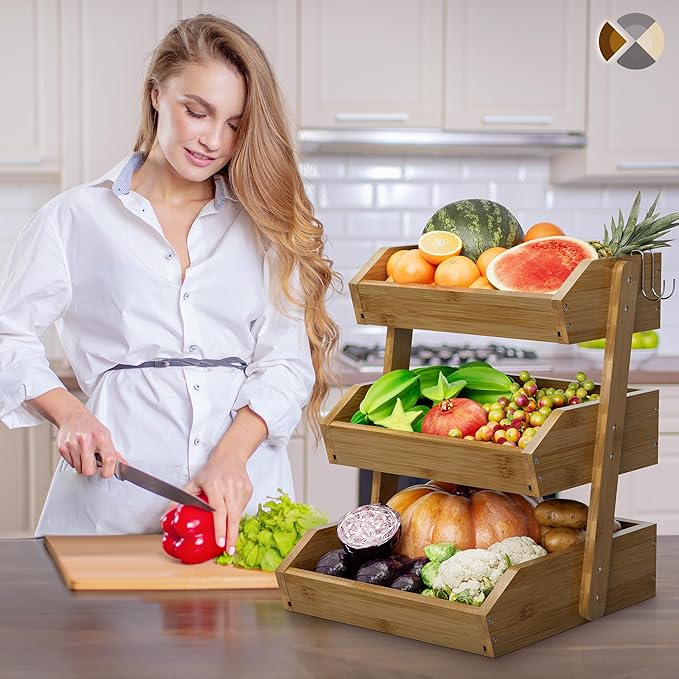 3 Tier Fruit Basket For Counter, Large Capacity Fruit Storage Countertop, Fruit Holder, Wooden Pantry Organizers and Storage, Kitchen Countertop Organizer With Two Banana Hangers (Walnut)