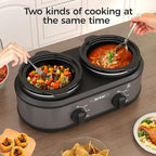 Sunvivi Dual Slow Cooker, Buffet Servers and Warmer with 2 Removable Ceramic Pots, Slow Cooker Food Warmer with Adjustable Temp & Glass Lids, Stainless Steel, 2 x 1.25 QT, Silver Grey
