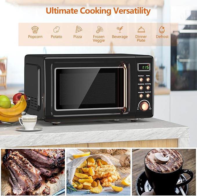 Moccha Retro Microwave, 0.7Cu.ft Compact Microwave, 700-Watt Countertop Microwave Ovens w/5 Micro Power, Delayed Start Function, LED Display, Child Lock, Small Microwave (Black)