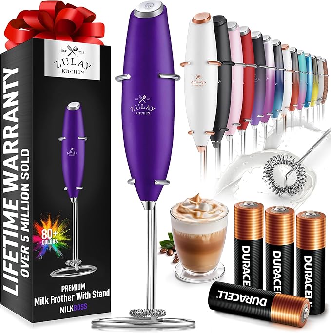 Zulay Kitchen Powerful Milk Frother Wand With 4 AA Duracell Batteries - Ultra Fast Handheld Drink Mixer - Electric Whisk Foam Maker for Coffee, Lattes, Cappuccino, Matcha & Creamer - Grape