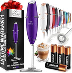 Zulay Kitchen Powerful Milk Frother Wand With 4 AA Duracell Batteries - Ultra Fast Handheld Drink Mixer - Electric Whisk Foam Maker for Coffee, Lattes, Cappuccino, Matcha & Creamer - Grape