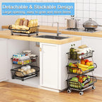 3-Tier Rolling Pantry Floor Organizer, Stackable Pantry Storage Cart with Wheels, Metal Wire Pantry Baskets, Kitchen Fruit Basket Stand, Vegetable Storage Rack for Fruits Snacks Onions Potatoes,1 Pack