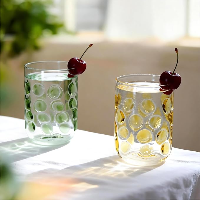 3D Polka Dot Crystal Glass Set of 2 – Hand-Colored Retro Design, Lead-Free Crystal, 16oz Capacity (Green & Yellow)