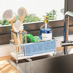 Cisily Sponge Holder for Kitchen Sink, Sink Caddy Organizer with High Brush Holder, Kitchen Countertop Organizers and Storage Essentials, Rustproof 304 Stainless Steel (Silver with Towel Rack, 9.25″)