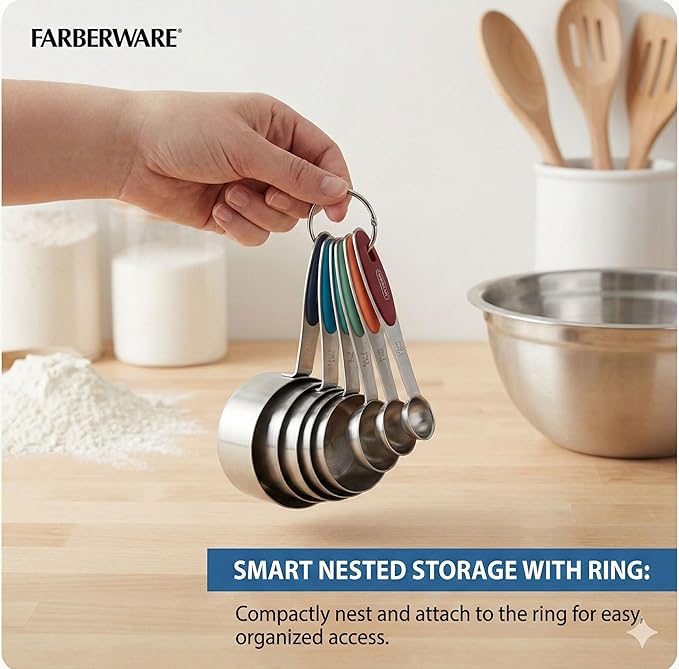 Farberware Stainless Steel Measuring Cups and Spoons Set - Retro Rainbow Design with Soft Grip Handles, Nested Storage Ring Included, Essential Kitchen Gadgets for Baking and Cooking, 9 Piece