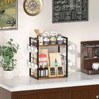 Dorhors 2 Tier Coffee Bar Accessories and Organizer,Multi-functional Mug Holder with 12 Hooks,Wood Coffee Station Organizer,Kitchen Countertop Shelf (Rustic Brown)