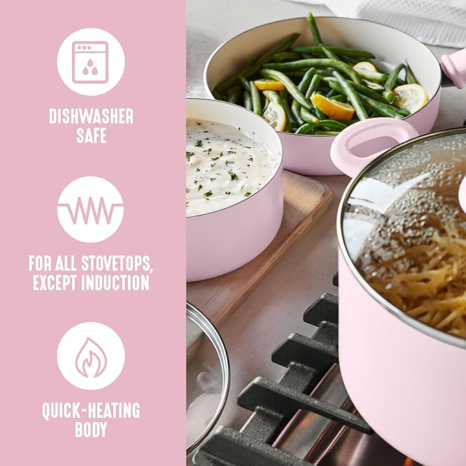 GreenLife 2.5QT Nonstick Saucepan with Glass Lid, Soft Grip, PFAS-Free Ceramic, Multipurpose Chef Pan, Milk & Sauce Cooking Pot, Dishwasher & Oven Safe to 350˚F, Stay-Cool Handle, Pink