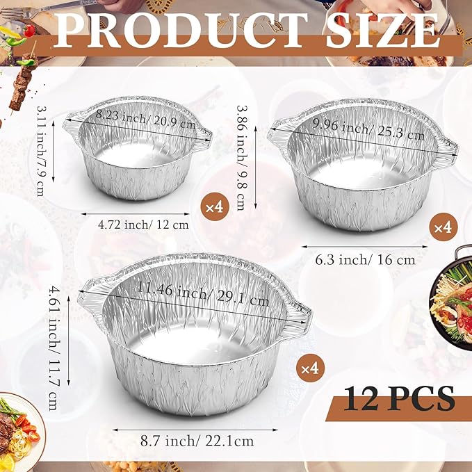 Ziliny Disposable Aluminum Pot with Lid Round Foil Pans Disposable Cookware Food Container for Vacation Trips Camping Baking Heating Cooking(12 Pcs,33.8, 67.6, 121.7 oz)