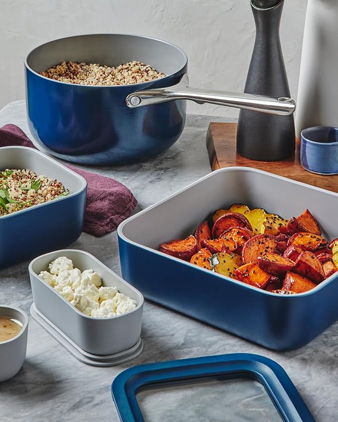 Caraway Glass Food Storage - 10 Cup Glass Container - Ceramic Coated Food Container - Non Stick Lunch Box with Lids - Dishwasher, Oven, & Microwave Safe - Square Shape - Perracotta