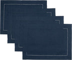 D'Moksha Homes Linen Placemats Set of 4 - Classic Hemstitch Navy Blue Placemats 14 x 19 Inch - 100% Pure Linen Table Mats for Winter, Holiday, New Year - Handcrafted and Machine Washable
