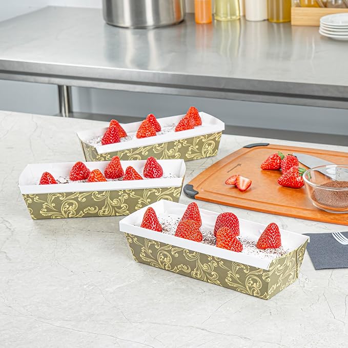 Restaurantware Paper Loaf Pan 100 Count 10 x 3.6 x 2.5 Inches 42 Oz Greaseproof Baking Loaf Mold, Vintage Floral Design Oven Safe Freezer Safe Rectangular Green Baking Pan For Cakes And Bread