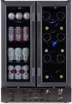 NewAir 24" Dual Zone Wine and Beverage Refrigerator, 18 Bottle & 58 Can, French Door Built-In Fridge with Lock, Black Stainless Steel Cooler, Digital Thermostat, Adjustable Shelves