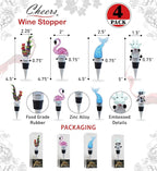 Cheers Mermaid Tail, Flamingo, Rooster, and Cow Glass Wine Stopper Set of 4 – Elegant Vacuum Seal Reusable Wine Bottle Stoppers – Airtight Leak Proof Bottle Topper Cork Plug and Bar Tool Accessory