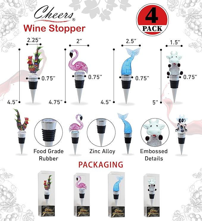 Cheers Mermaid Tail, Flamingo, Rooster, and Cow Glass Wine Stopper Set of 4 – Elegant Vacuum Seal Reusable Wine Bottle Stoppers – Airtight Leak Proof Bottle Topper Cork Plug and Bar Tool Accessory