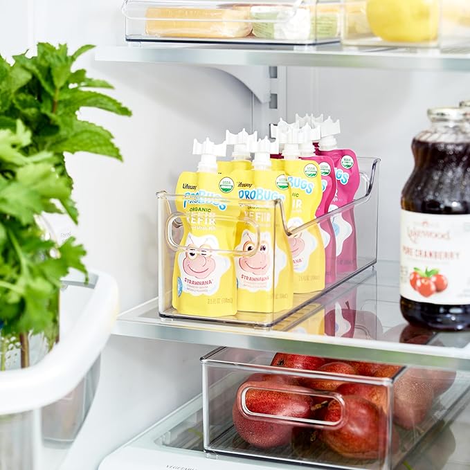 iDesign Stackable Plastic Pantry Bin with Handles for Cabinets or Fridge, Set of 2, Clear, Made in USA