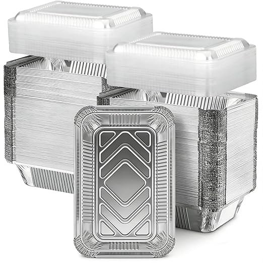 Aluminum Pans with Lids (100-Pack, 8.5"×6") 2.25 LB Capacity Foil Food Containers with Lids - 100 Pans and 100 Clear Lids - Disposable Tin Foil Pans - for Baking, Meal Prep and Freezer, Takeout