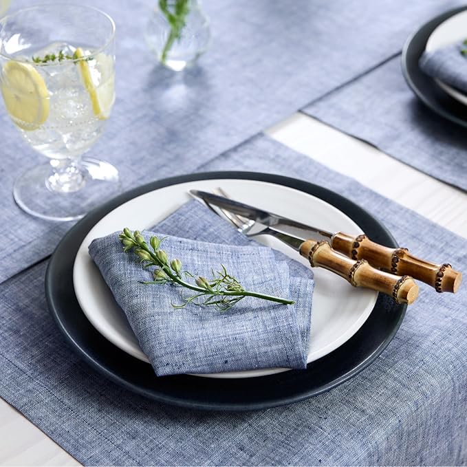 Solino Home Linen Cloth Napkins Set of 4-100% Pure Linen Chambray Indigo Dinner Napkins 20 x 20 Inch - Athena, Handcrafted and Machine Washable - Holiday, Winter, New Year