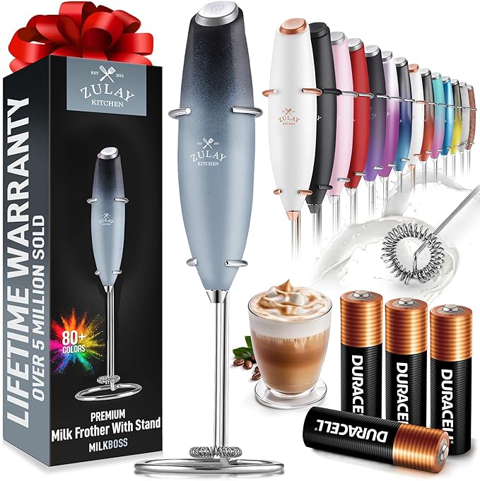 Zulay Kitchen Powerful Milk Frother Wand With 4 AA Duracell Batteries - Ultra Fast Handheld Drink Mixer - Electric Whisk Foam Maker for Coffee, Lattes, Cappuccino, Matcha & Creamer - Storm Blend