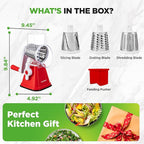 Nutrichef 3 in 1 Cheese Grater & Shredder | Strong Suction Base, Rotary Handle with Safety Lock | Includes Hand Crank & 3 Drum Blades for 3 Textures, Fine, Medium & Strips | Red