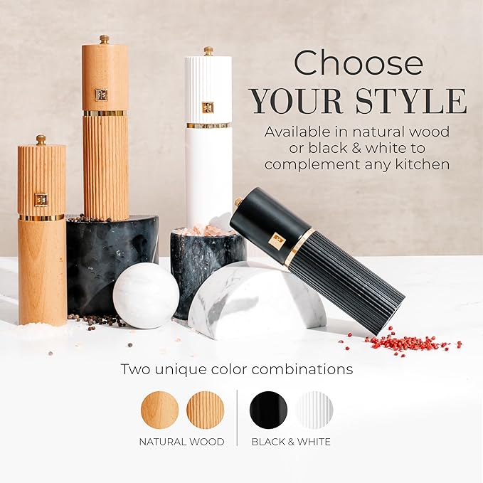 Wooden Salt and Pepper Grinder Set – Refillable Manual Salt and Pepper Mills with Adjustable Ceramic Burrs, Gold Detailing, and Wood Stand – Black and White