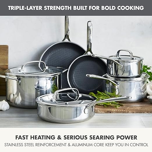 GreenPan Spectra 10 Piece Cookware Set,Hybrid Tri-Ply Stainless Steel, PFAS-Free Ceramic Nonstick Textured Cooking Surface,Induction Pots & Pans with Lids, Dishwasher Safe,Oven & Broiler Temp to 850˚F