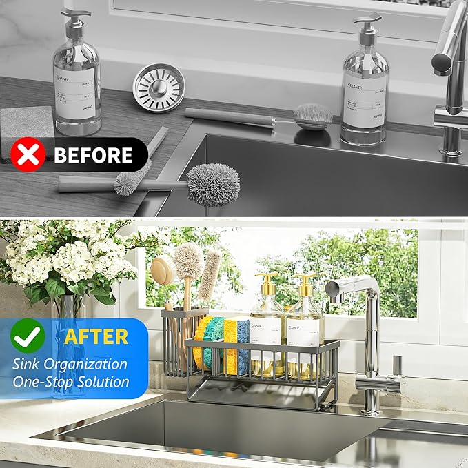 Cisily Sink Caddy Organzier with High Brush Holder, Sponge Holder for Sink, 304 Rustproof Stainless, Kitchen Countertop Soap Dispenser Organizer, Dark Gray Kitchen Decor and Accessories