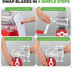 Nutrichef 3 in 1 Cheese Grater & Shredder | Strong Suction Base, Rotary Handle with Safety Lock | Includes Hand Crank & 3 Drum Blades for 3 Textures, Fine, Medium & Strips | Red