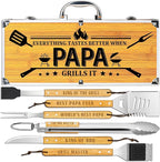 Papa Gifts from Grandkids, Papa Grilling Gift Heavy Duty Wooden BBQ Grilling Accessories Kit for Backyard, Thick Stainless Steel Grill Utensils with Non-Slip Handle Tools in Portable Bag on Christmas