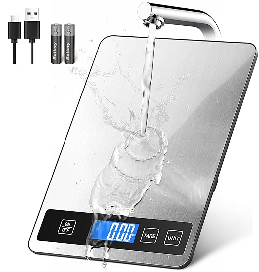 Food Scale - 15kg/33lb Rechargeable Digital Kitchen Scale with Full-View LCD Display, Grams and Ounces, Type-C or Batteries, Easy Clean Stainless Steel, for Baking, Cooking & Meal Prep, Black