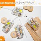DWTS DANWEITESI Glass Cups with Lids and Straws with Design 4 pcs（Daily Reminder）,Clear Glass Cups 16 oz-Glass Tumbler,Cute Design Glass Iced Coffee Cups Mental Health Positive