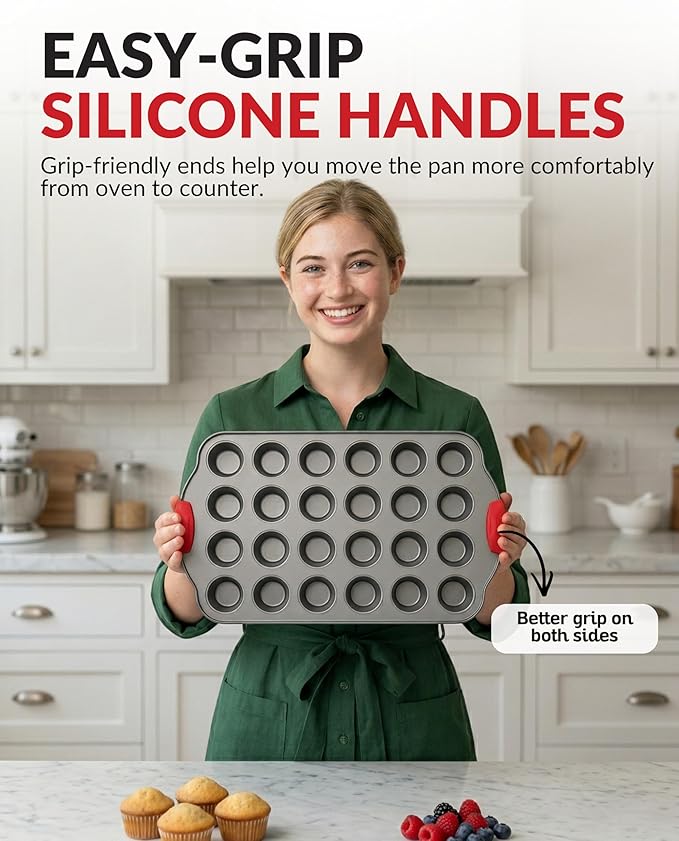 Boxiki Kitchen 24 Cup Mini Muffin Pan with Silicone Handles | Professional Non-Stick Cupcake Pan for Muffins, Cupcakes, Egg Bites, and More