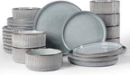 Famiware Star 24-Piece Plates and Bowls Set with Trim, Service for 8 - Stoneware Reactive Glaze Dinnerware, High Edge Ribbed Dishes, Chip & Scratch Resistant, Microwave & Dishwasher Safe, Smoky Blue