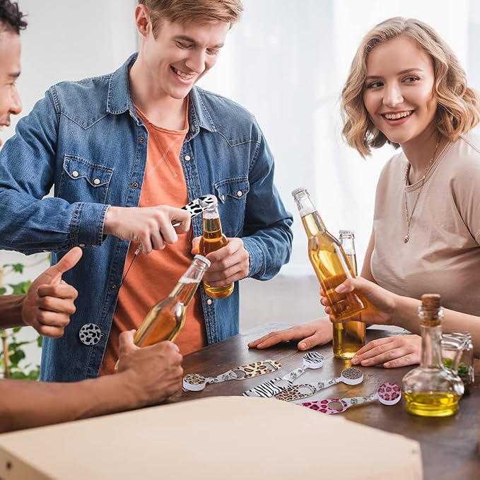 Irenare 6 Pcs Flat Bottle Openers Retractable Bar Keys for Bartenders Stainless Steel Beer Bottle Opener with Belt Clip and Round Badge Reel Bartender Gifts for Women Men(Leopard Style)