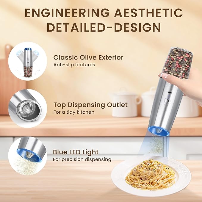 Rechargeable Electric Salt And Pepper Grinder Set, Automatic Gravity Electric Salt And Pepper Grinder Set, Adjustable Roughness, Led Light, 1 Pack, (Silver)
