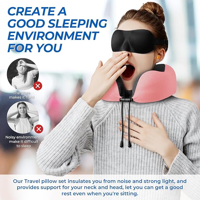 ExploreBliss Travel Pillow, Travel Pillows for Sleeping Airplane, Neck Pillow Airplane, Memory Foam Neck Pillow Set with Eye Mask, Earplugs and Storage Bag -Pink