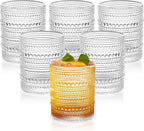 Vintage Dot-Pattern Drinking Glasses Set of 6 – 14.5 oz Clear Short Glass Cups – Embossed Textured Glassware with Anti-Slip Grip, Water Juice Soda Cocktail Tumblers – Thick Glass, Dishwasher Safe