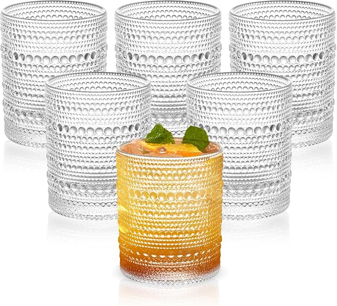 Vintage Dot-Pattern Drinking Glasses Set of 6 – 14.5 oz Clear Short Glass Cups – Embossed Textured Glassware with Anti-Slip Grip, Water Juice Soda Cocktail Tumblers – Thick Glass, Dishwasher Safe