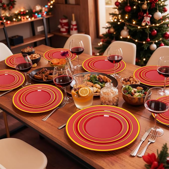 NOCCUR 200PCS Red Plastic Plates for 100 Guests - Include 100PCS 10" Dinner/ 100PCS 7" Dessert Plastic Plates Heavy Duty - Ideal for Wedding/Party/Christmas