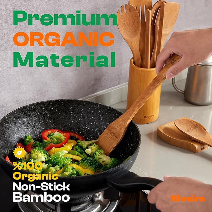 Riveira Dark Bamboo Wooden Spoons for Cooking 3-Piece, Apartment Essentials Wood Spatula Spoon Nonstick Kitchen Utensil Set Premium Quality Housewarming Gifts for Everyday Use