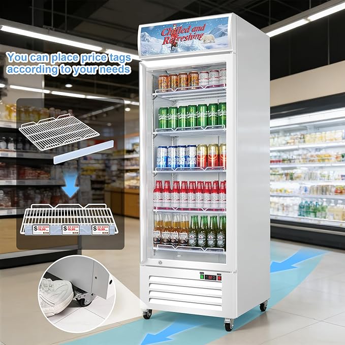 Commercial Beverage Refrigerator with Glass Door, 383L Display Fridge Beverage Cooler with Customizable Lightbox Adjustable Shelves, Drink Fridge Merchandiser for Restaurant Shop, White