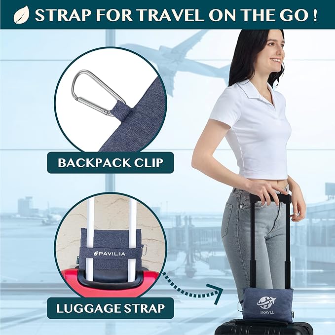 PAVILIA Travel Blanket Compact, Airplane Packable Bag, Soft Fleece Portable Throw Pillow Combo Set, Plane Flight Car Trips Essentials Gift Accessories, Luggage Backpack Clip, Navy Blue, 65 x 40 inch