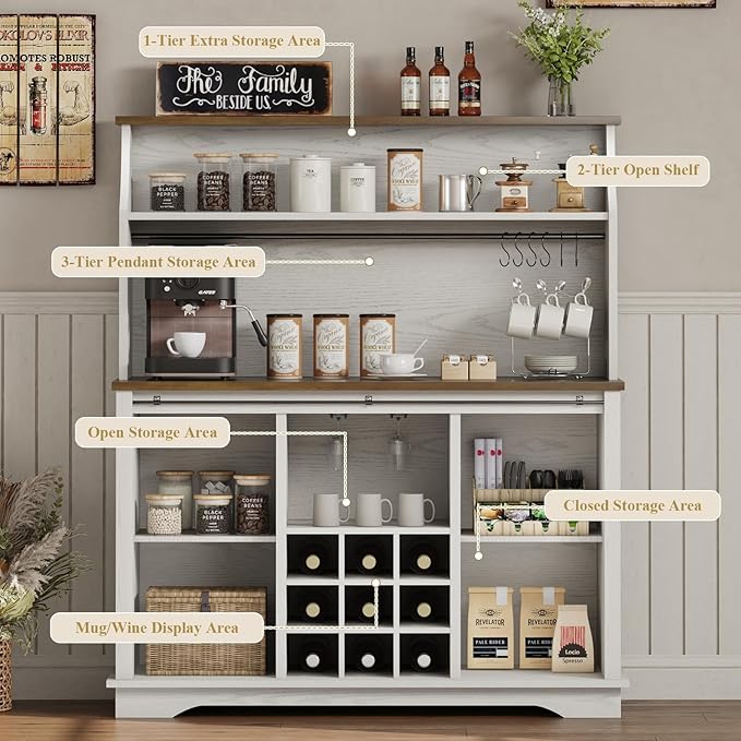 47 Inch Farmhouse Coffee Bar Cabinet with 3-Tier Storage, Kitchen Hutch with 9 Wine Racks & 3 Glass Holders, Coffee Bar with 6 Hooks, Wine Bar Cabinet for Dining Living Room, White