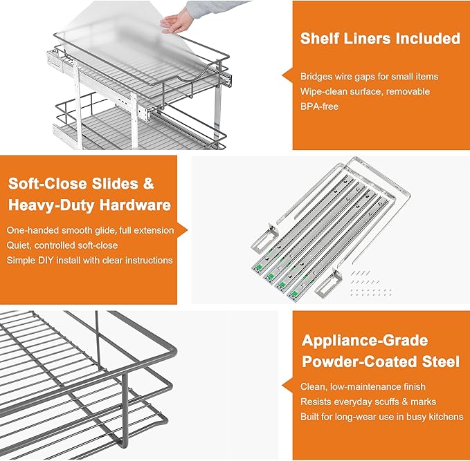 ALINE FURNITURE 2-Tier Pull Out Cabinet Organizer - 23" W x 22" D Soft Close Pullout Shelves with Shelf Liners - Slide Out Drawers for Kitchen Cabinets, Pantry, Bathroom, Heavy Duty Steel Wire Baskets