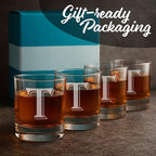 On The Rox (T-Monogram)- 4 Piece Set of 11 Ounce Engraved Heavy Base Rocks Glasses Elegant Glass-Multi-Purpose Beverage-Rocks Glass- Gift for any Occasion