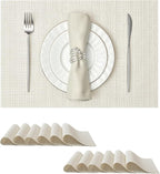 Leetaltree Luxury White and Silver Woven Placemats Set of 12 - Waterproof Washable Textured Table Mats for Wedding, Anniversary, Daily Use - Sparkling Metallic Thread Table Decor - Hand-Cut