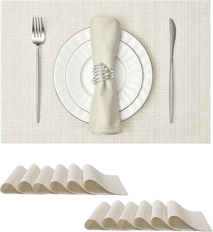 Leetaltree Luxury White and Silver Woven Placemats Set of 12 - Waterproof Washable Textured Table Mats for Wedding, Anniversary, Daily Use - Sparkling Metallic Thread Table Decor - Hand-Cut