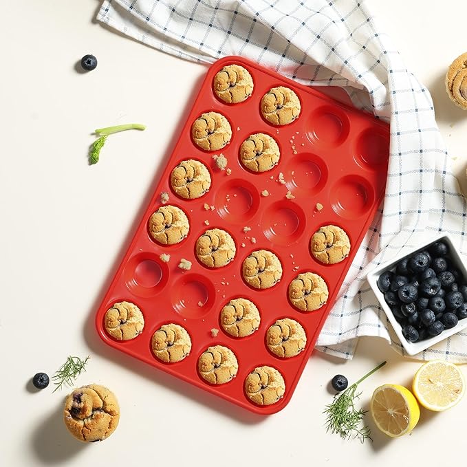 Socisen 2 Pack 24 Cups Silicone Mini Muffin Pan with Metal Reinforced Frame Silicone Molds Cupcake Cake Baking Cheesecake Pans Cookie Baking Chocoflan Cupcake Mold Mini Bundt Cake Pan Women Gift