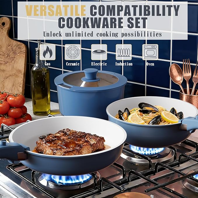 Umite Chef Pots and Pans Set Non Stick, 21 pcs Ceramic Cookware Set with Detachable Handles, Healthy Induction Cookware Oven Safe RV Kitchen Cooking Set with Utensils, PFAS PFOA & PTFE Free, Navy